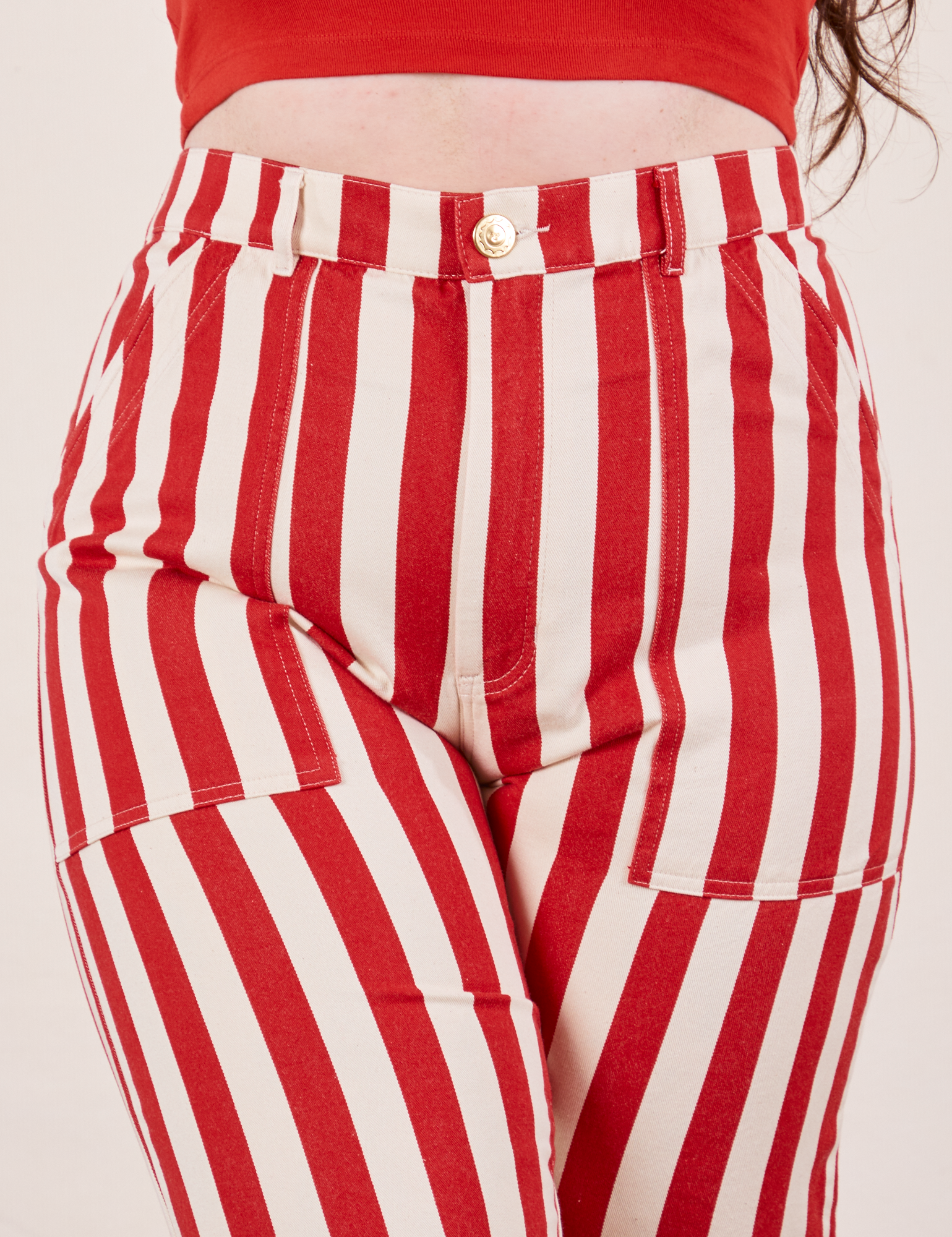 Work Pants in Cherry Stripe front close up on Sydney