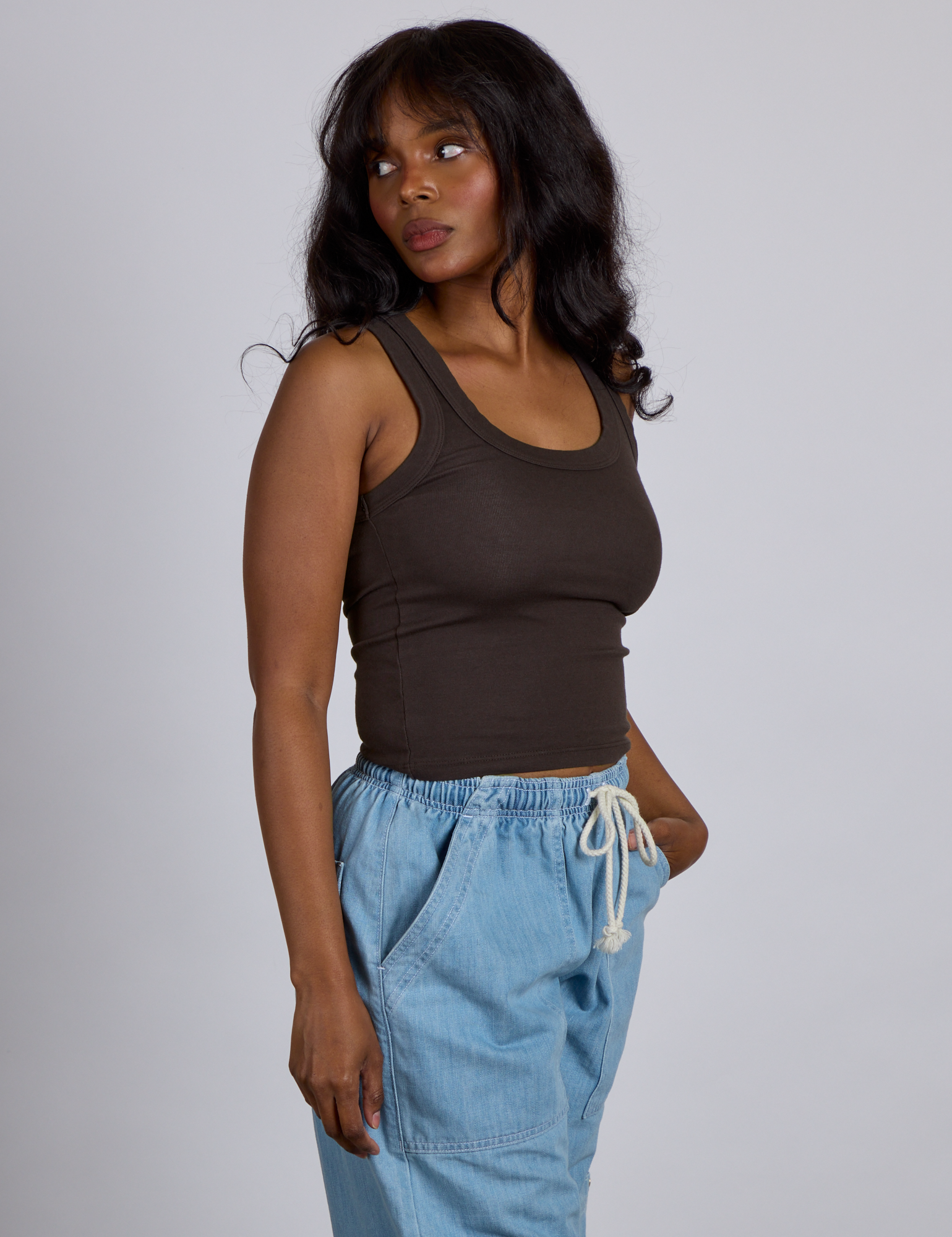 Angled front view of The Tank Top in Espresso Brown on Kandia
