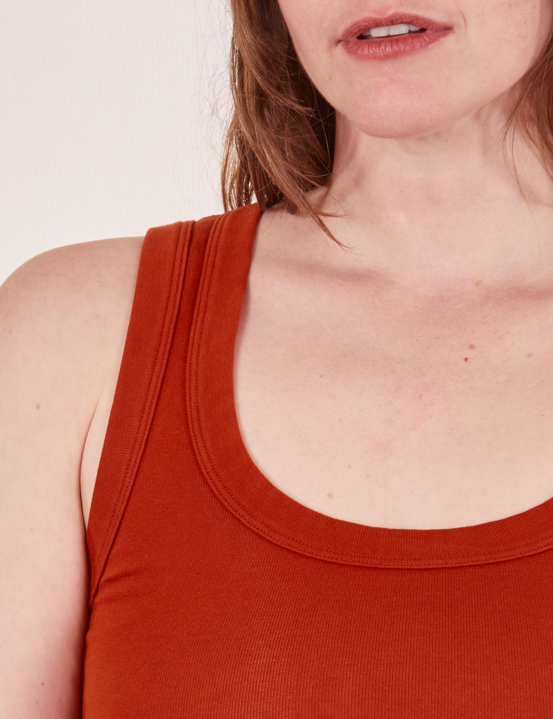 Front close up of Tank Top in Paprika worn by Allison