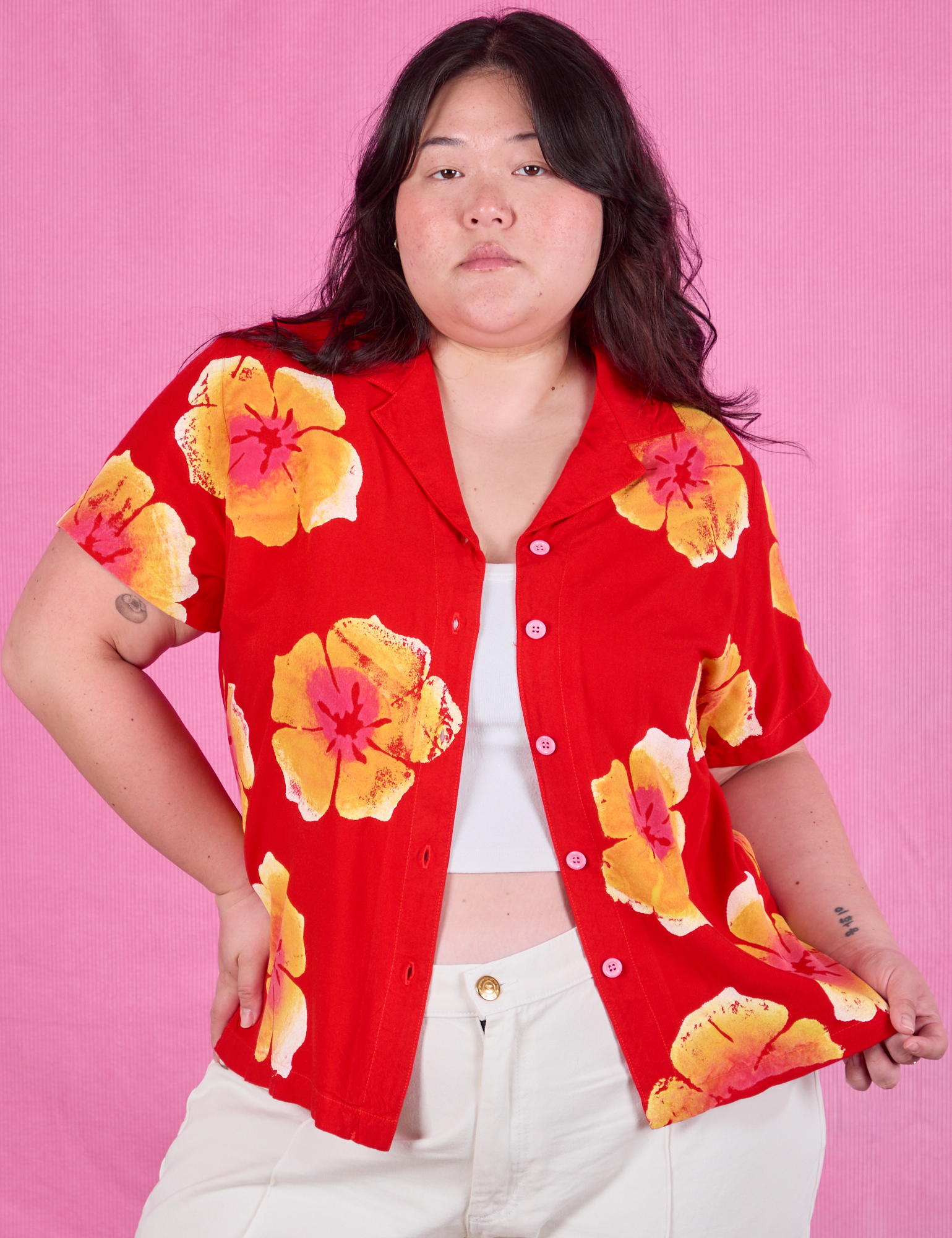 Paintstamped Pantry Button-Up in Mustang Red on Ashley