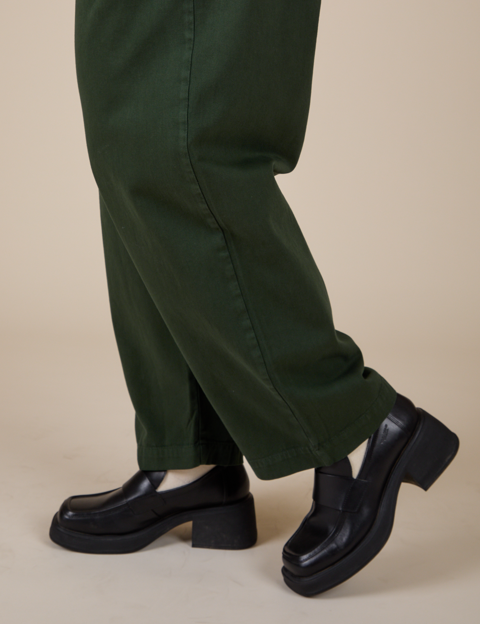 Pant leg side view close up of Heavyweight Trousers in Swamp Green on Lish