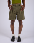 Front close up of Pleated Trouser Shorts in Surplus Green on Jerrod