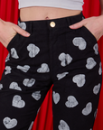 Paintstamped Heart Work Pants in Black front close up on Alex