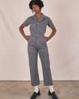 Cheyann is 5'11" and wearing XS Short Sleeve Jumpsuit in Washed Grey