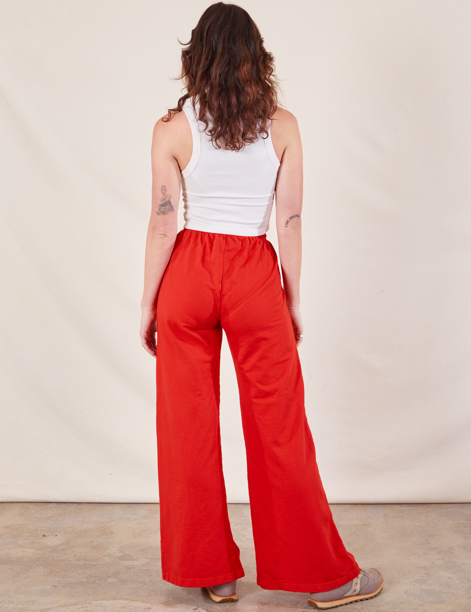 Wide Leg Sweat Pants in Mustang Red back view on Alex