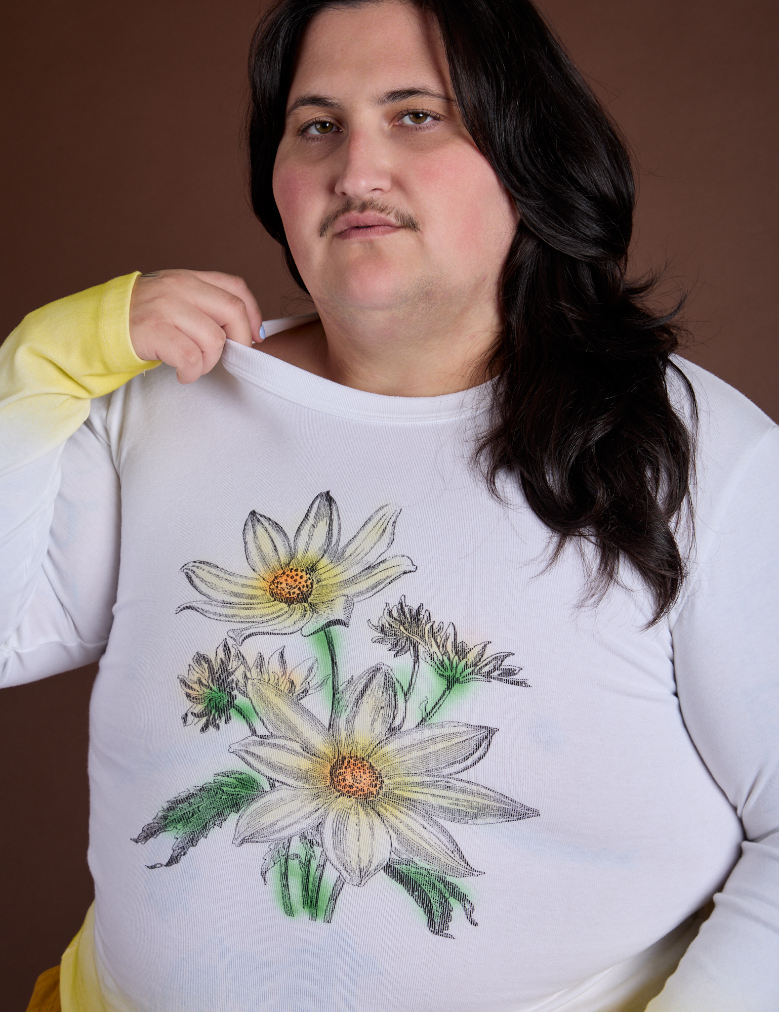 Floral Long Sleeve Baby Tee in Yellow front close up on Sam