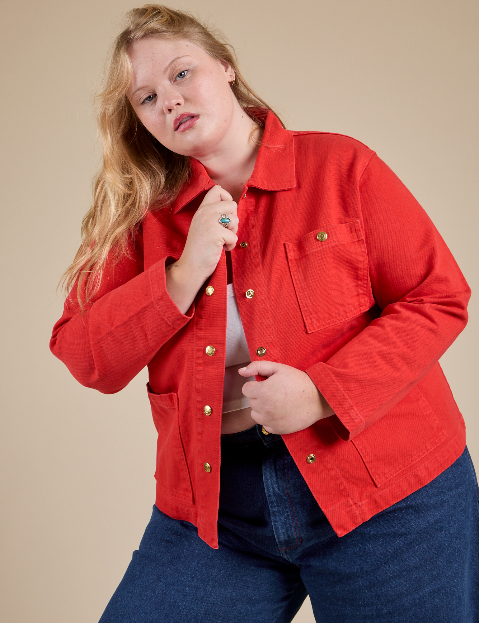 Juliet is wearing Denim Work Jacket in Mustang Red