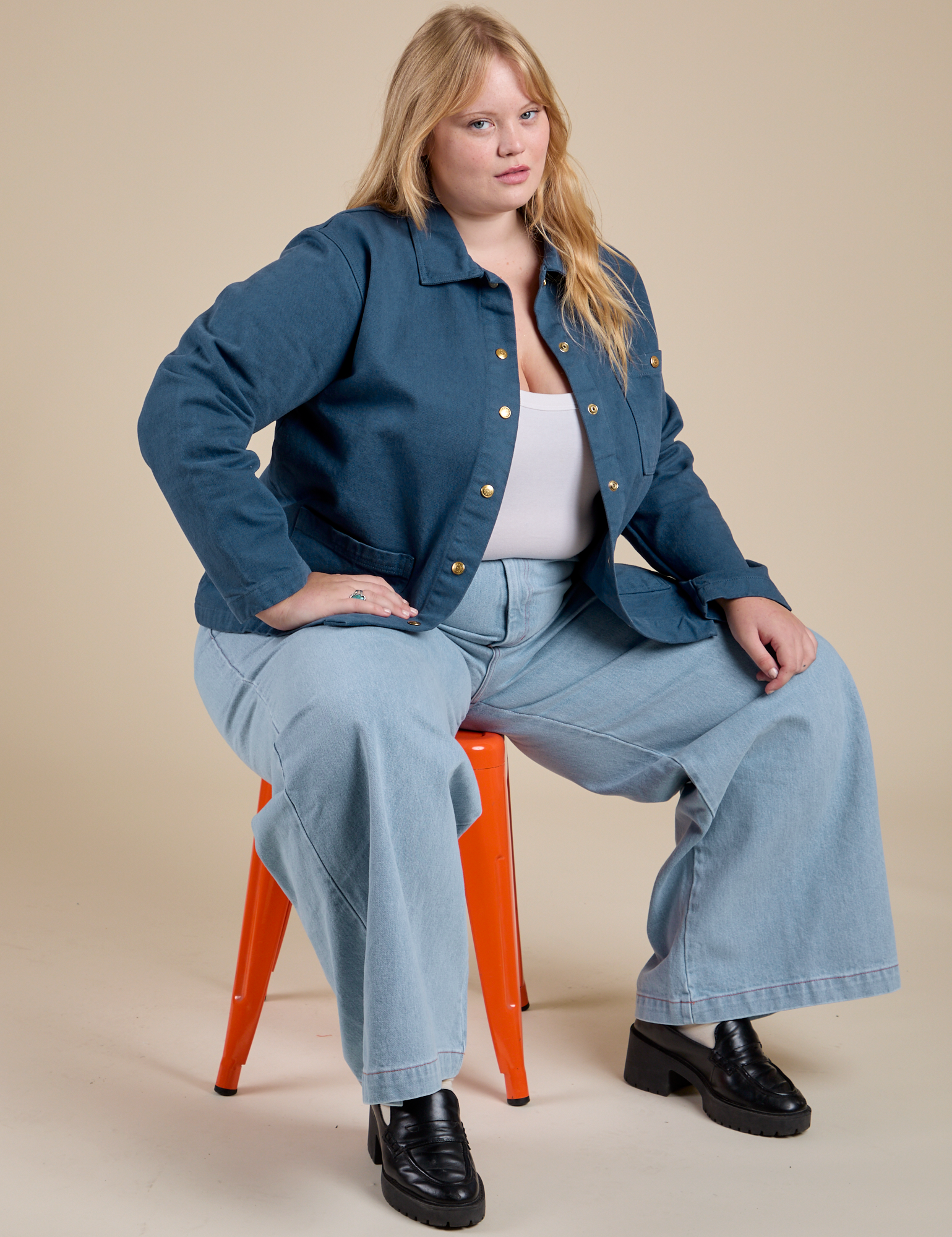 Denim Work Jacket in French Blue and light wash Indigo Wide Leg Trousers on Juliet