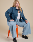 Denim Work Jacket in French Blue and light wash Indigo Wide Leg Trousers on Juliet