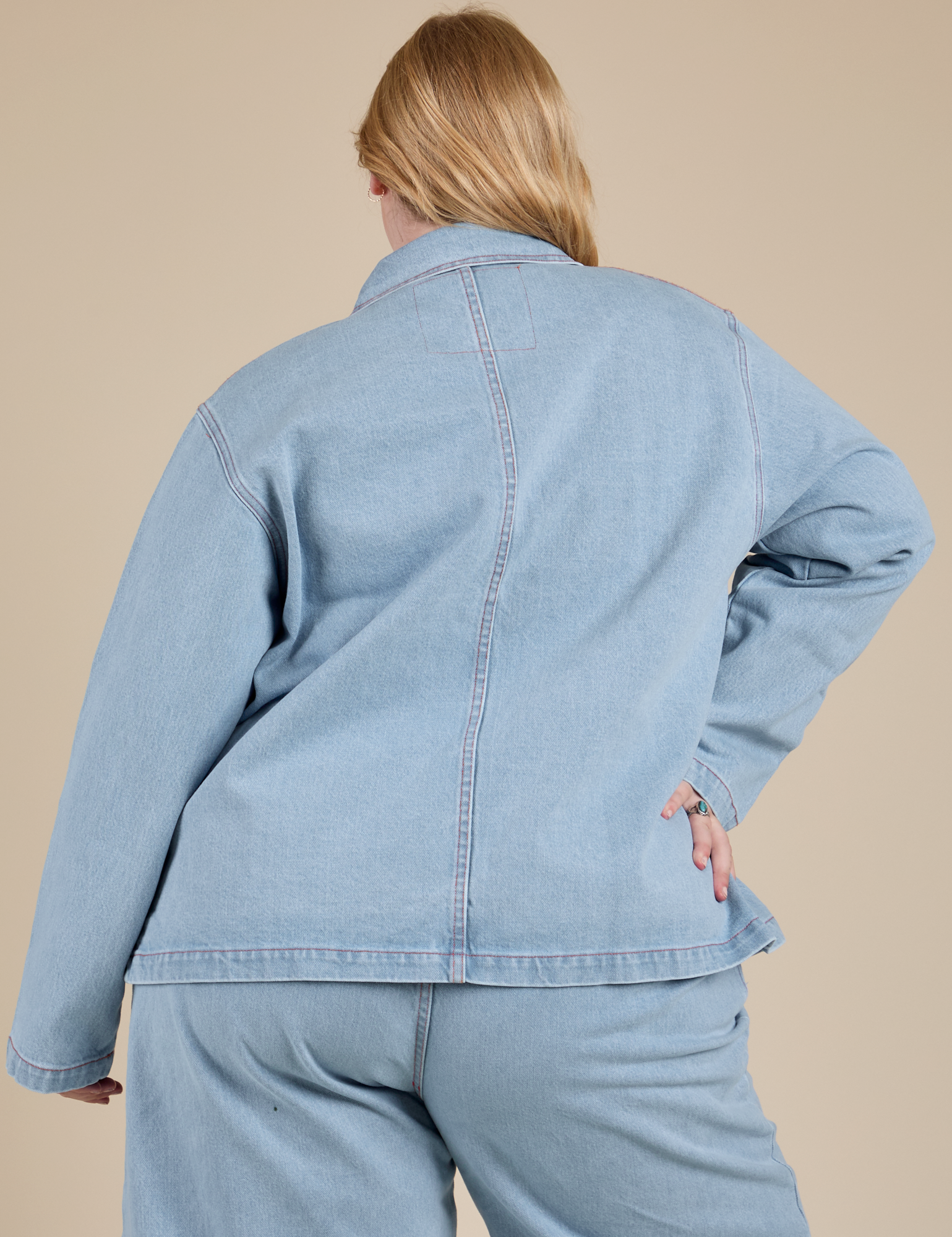 Indigo Denim Work Jacket in Light Wash back view on Juliet