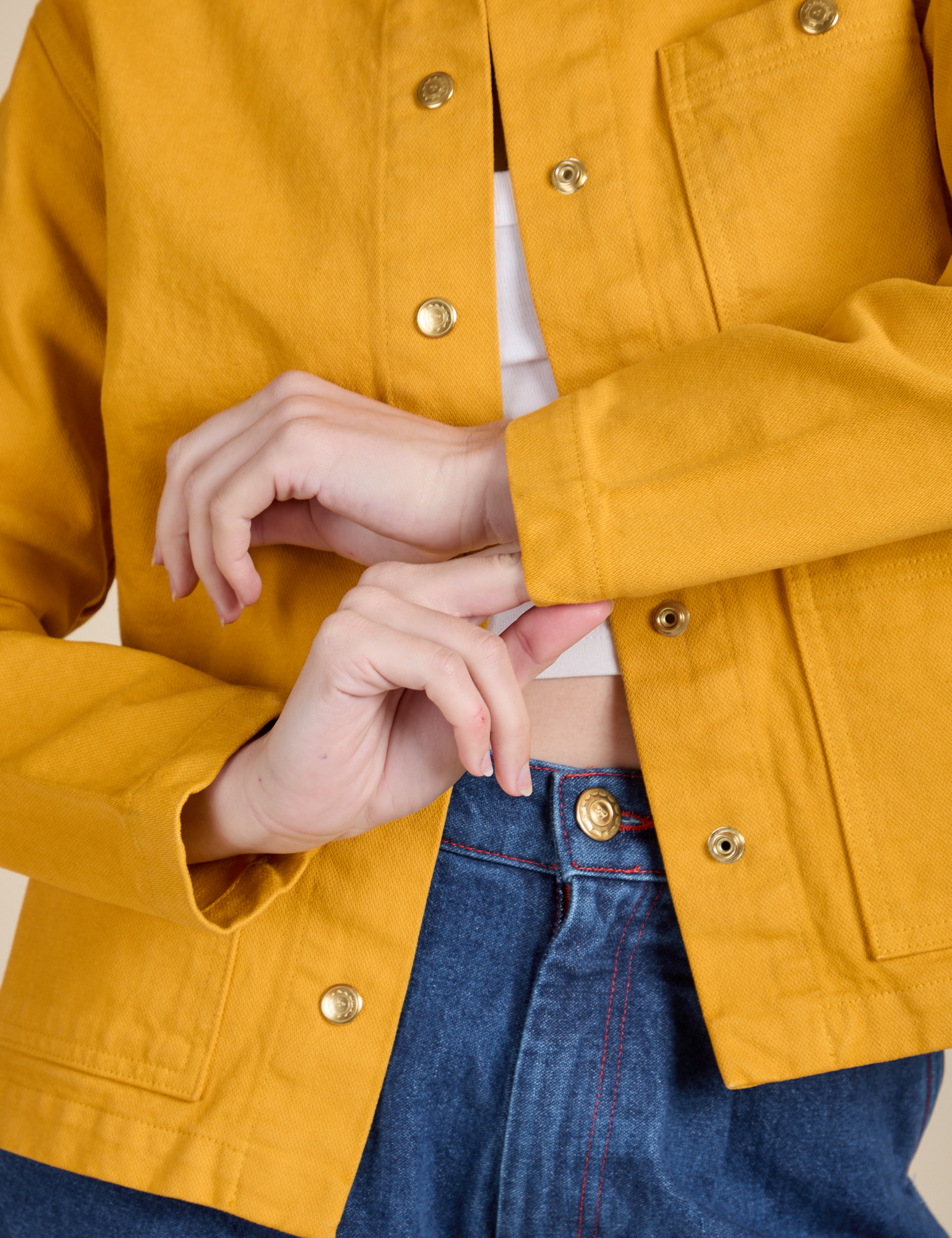 Front close up of Denim Work Jacket in Mustard Yellow on Alex