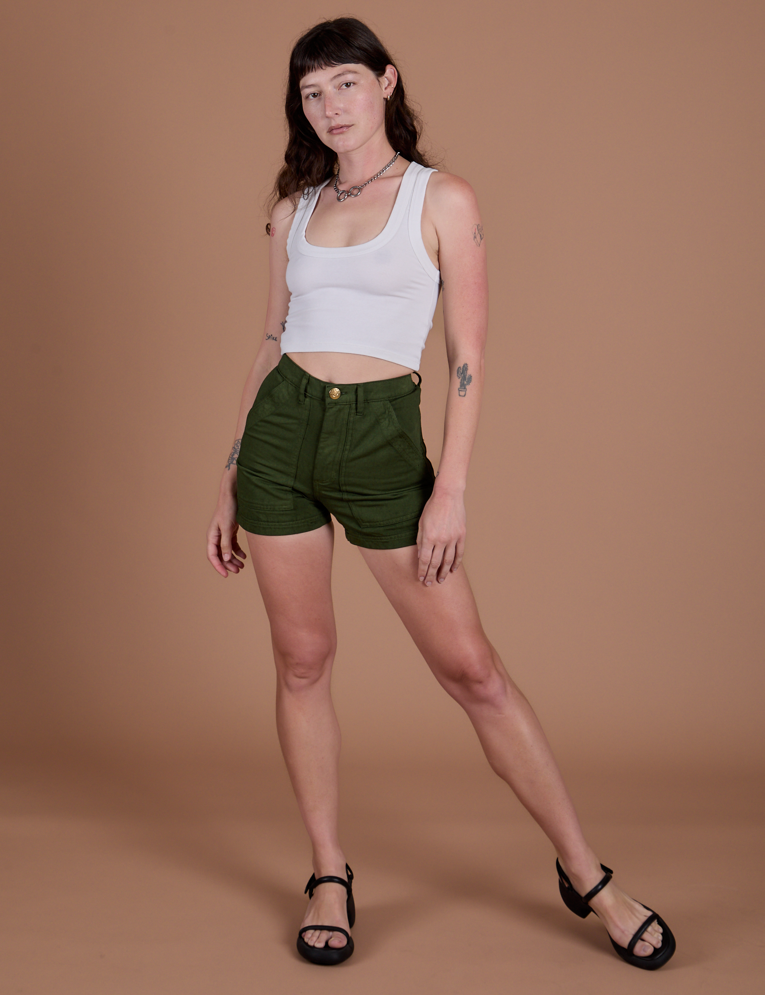Classic Work Shorts in Evergreen and Cropped Tank in Vintage Tee White on Alex