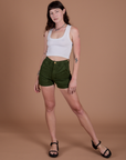 Classic Work Shorts in Evergreen and Cropped Tank in Vintage Tee White on Alex