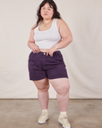 Ashley is 5’7” and wearing 1XL Classic Work Shorts in Nebula Purple paired with Cropped Tank Top in vintage tee off-white