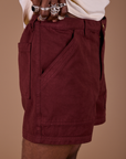Side view close up of Classic Work Shorts in Red Wine on Jerrod