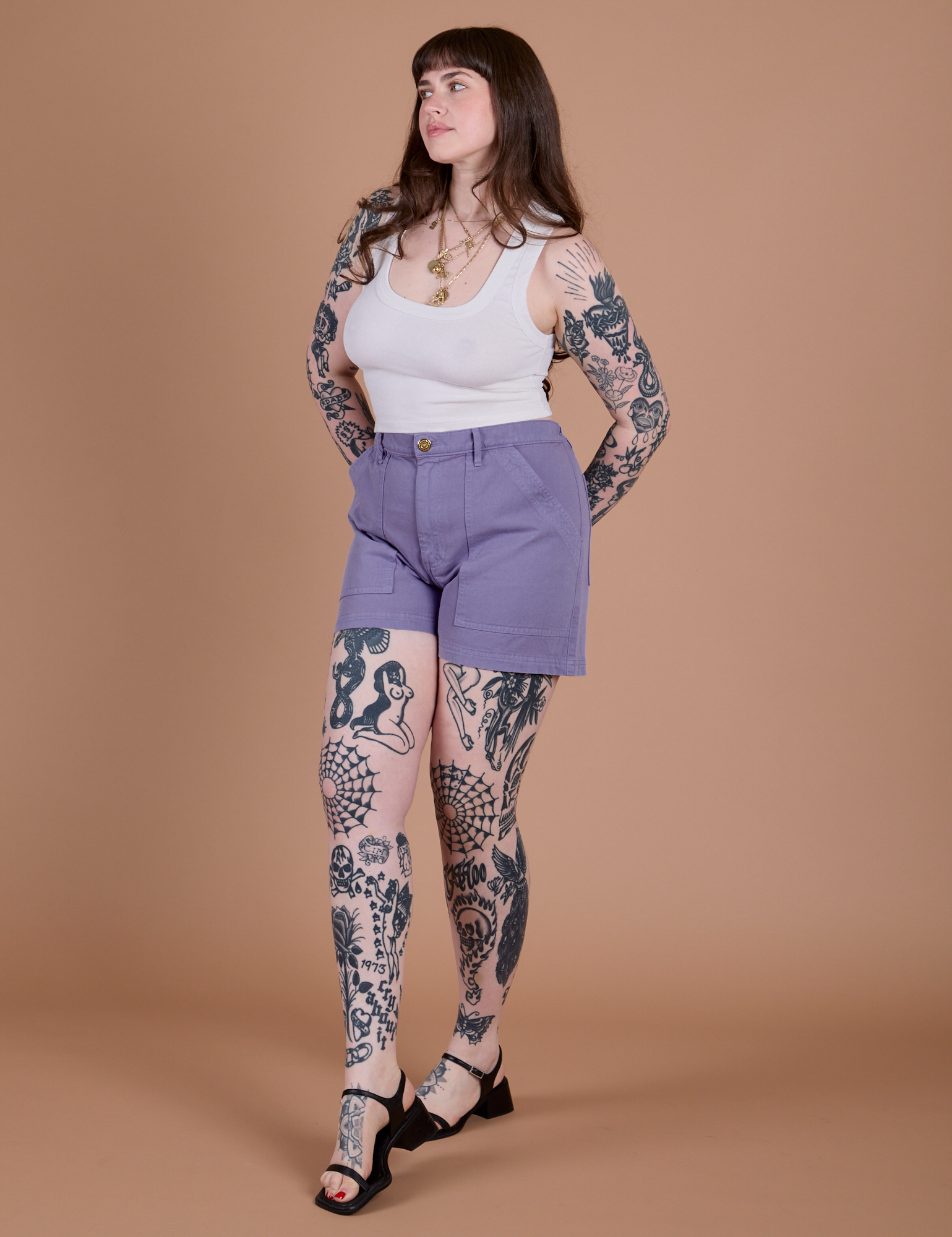 Angled front view of Classic Work Shorts in Faded Grape and Cropped Tank in Vintage Tee White on Sydney