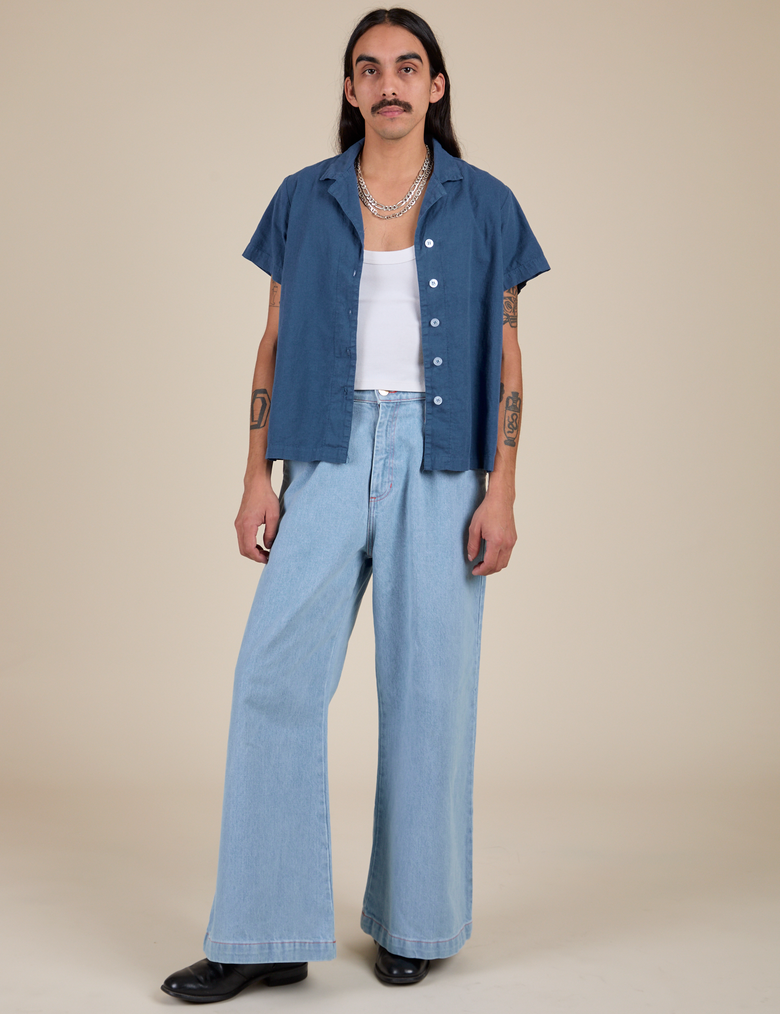 Pantry Button-Up in French Blue and light wash Indigo Wide Leg Trousers on Anthony