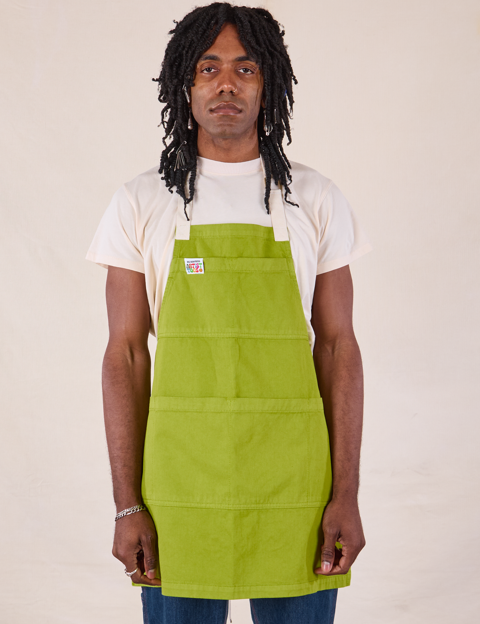 Full Denim Apron in Gross Green worn by Jerrod