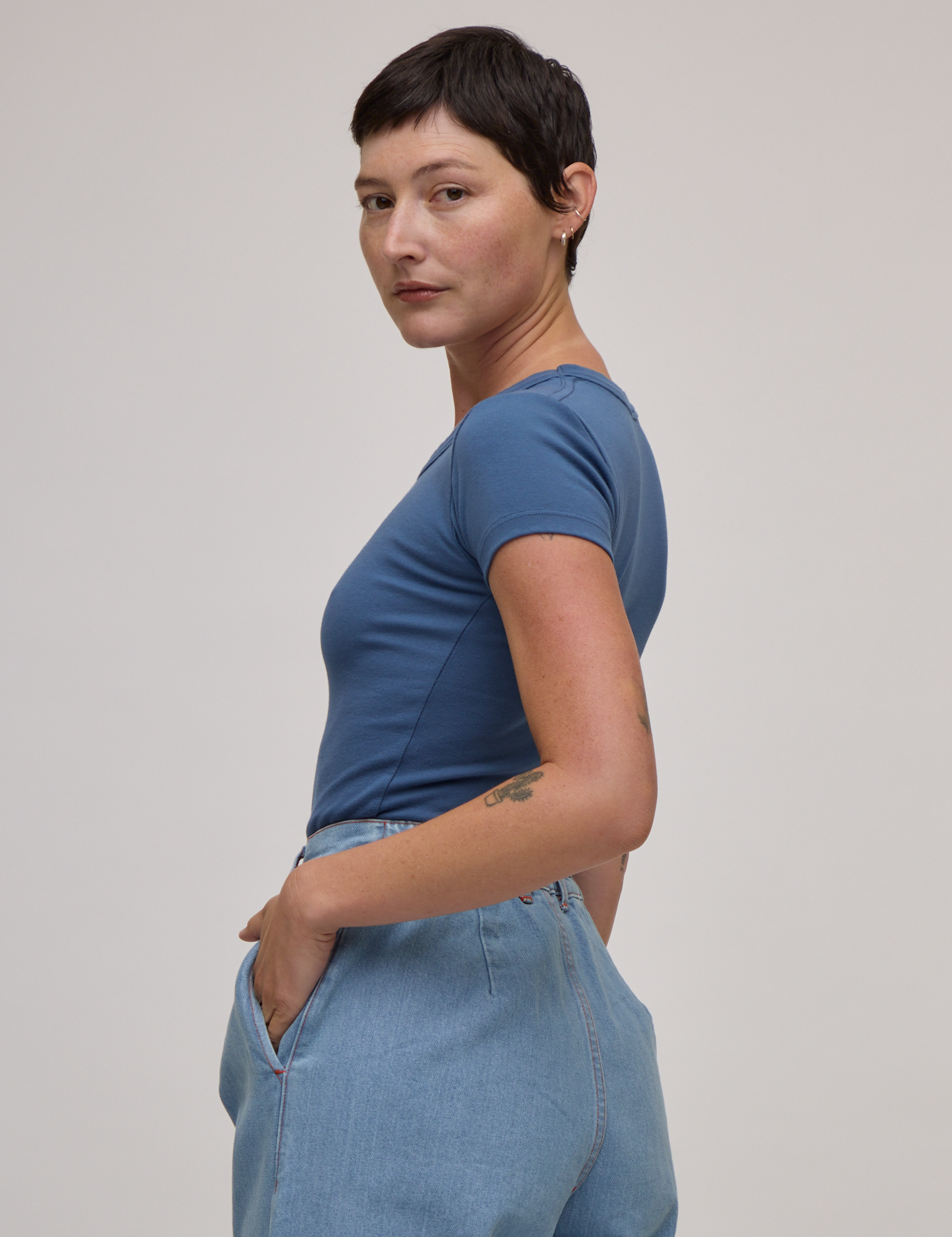 Side view of Baby Tee in French Blue on Alex