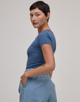 Side view of Baby Tee in French Blue on Alex