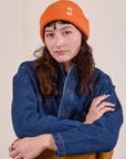 Ribbed Beanie in Construction Orange worn by Alex