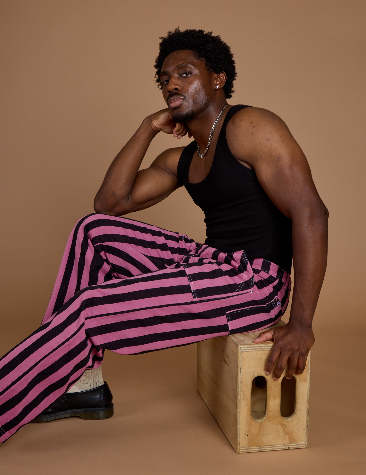 Black Stripe Work Pants - Bubblegum Pink