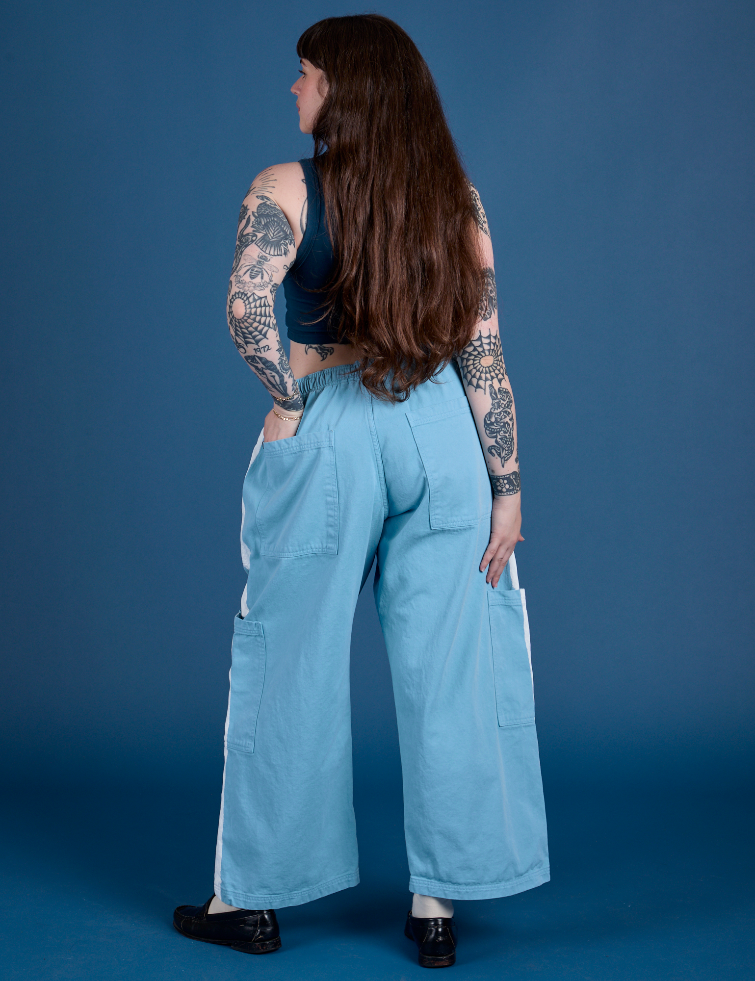 Painted Drop Pocket Cargo Pants in Baby Blue back view on Sydney