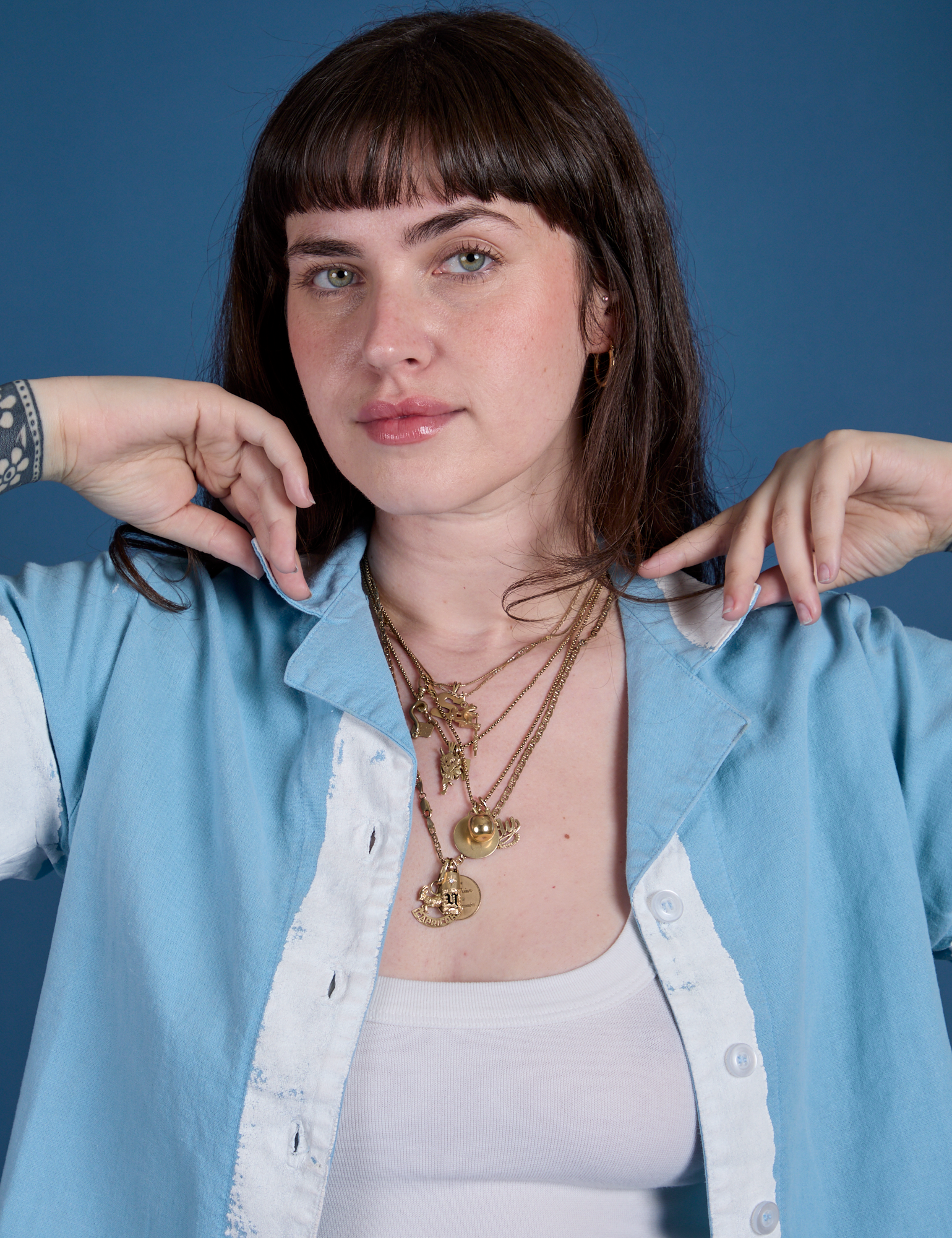 Front close up of Painted Pantry Button-Up in Baby Blue on Sydney
