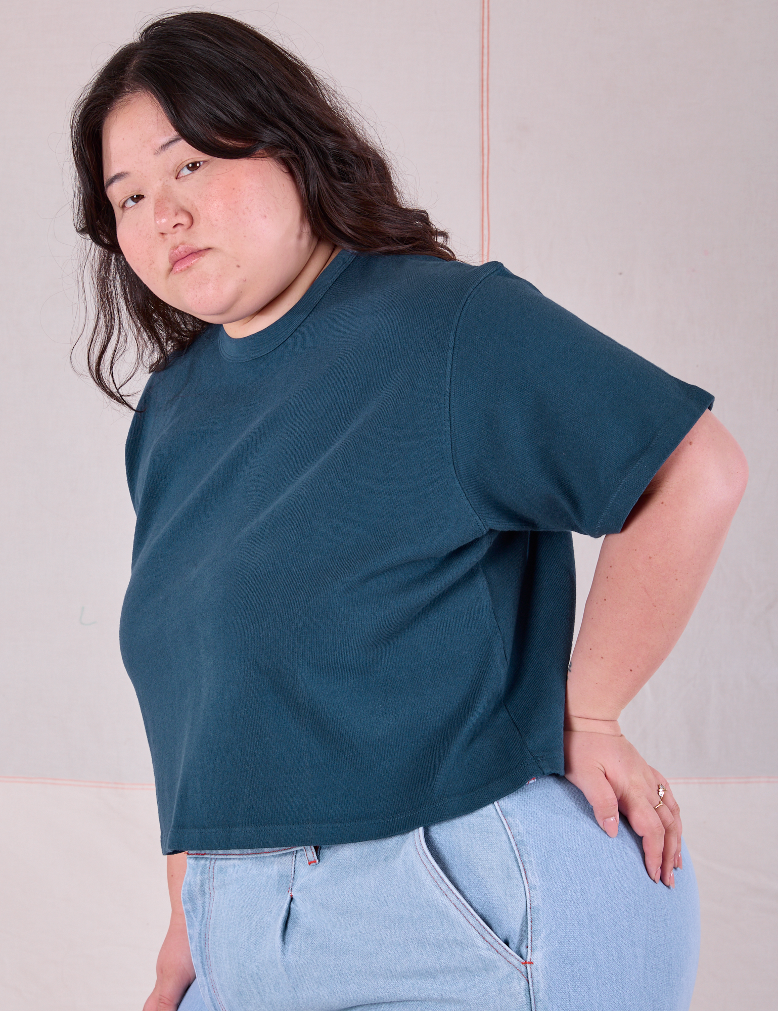 Cropped Burly Tee in Lagoon angled front view on Ashley