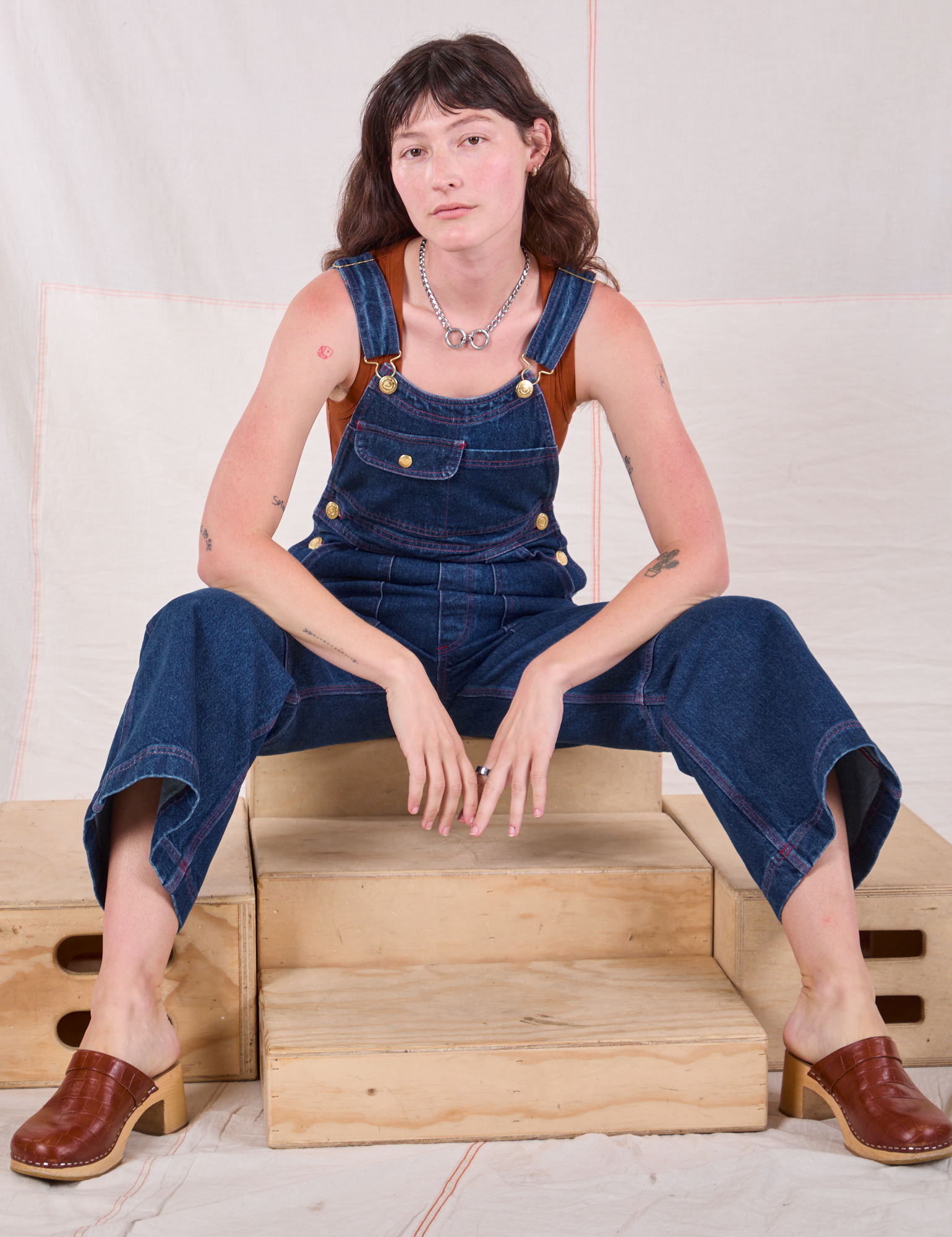 Carpenter Overalls in Dark Wash worn by Alex