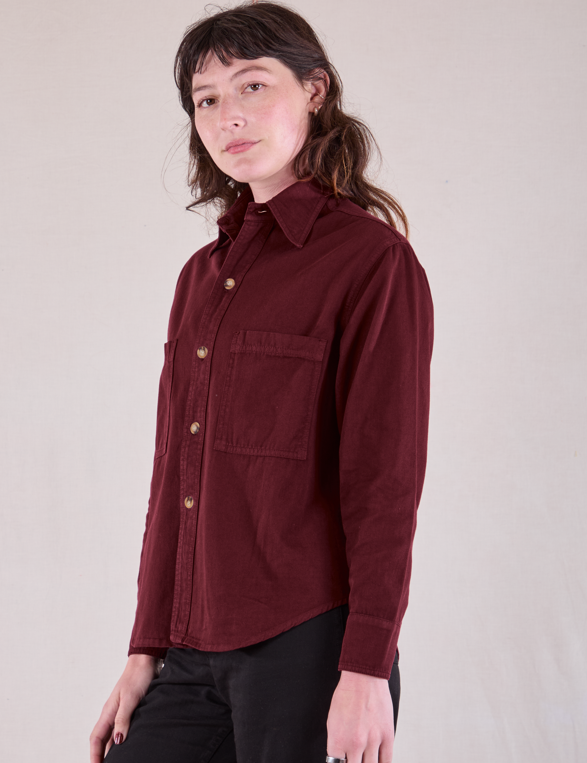 Cropped Overshirt in Red Wine angled front view on Alex