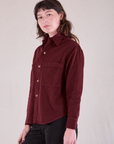 Cropped Overshirt in Red Wine angled front view on Alex