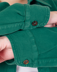 Sleeve cuffs close up of Flannel Overshirt in Hunter Green on Marielena