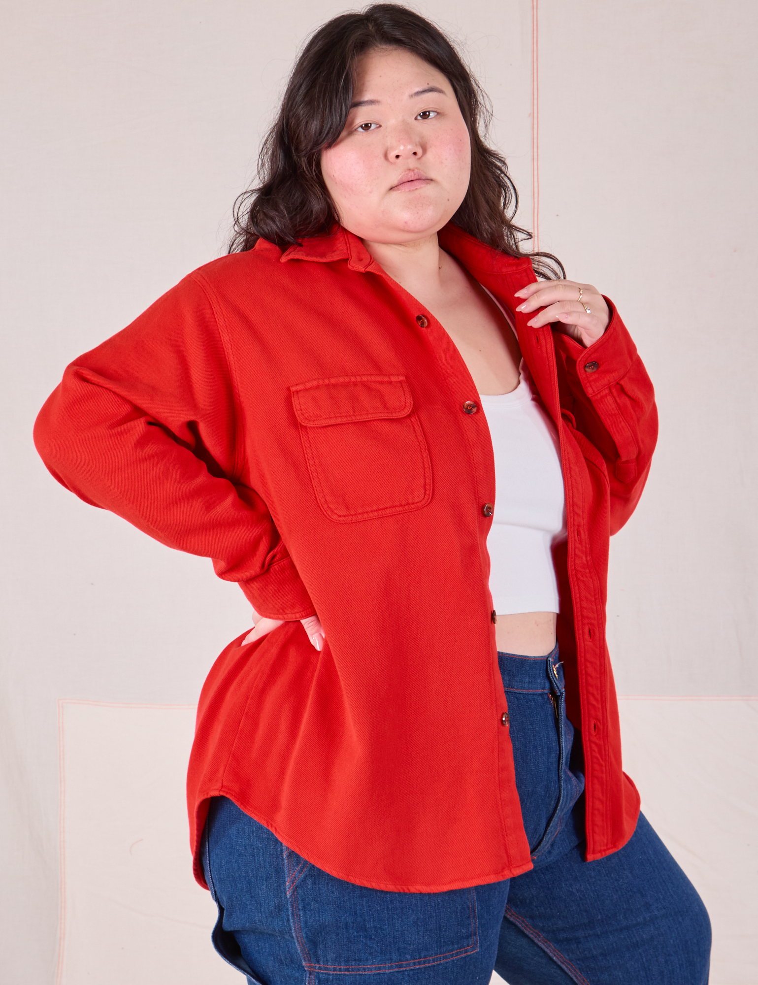 Flannel Overshirt in Mustang Red angled front view on Ashley