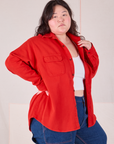 Flannel Overshirt in Mustang Red angled front view on Ashley