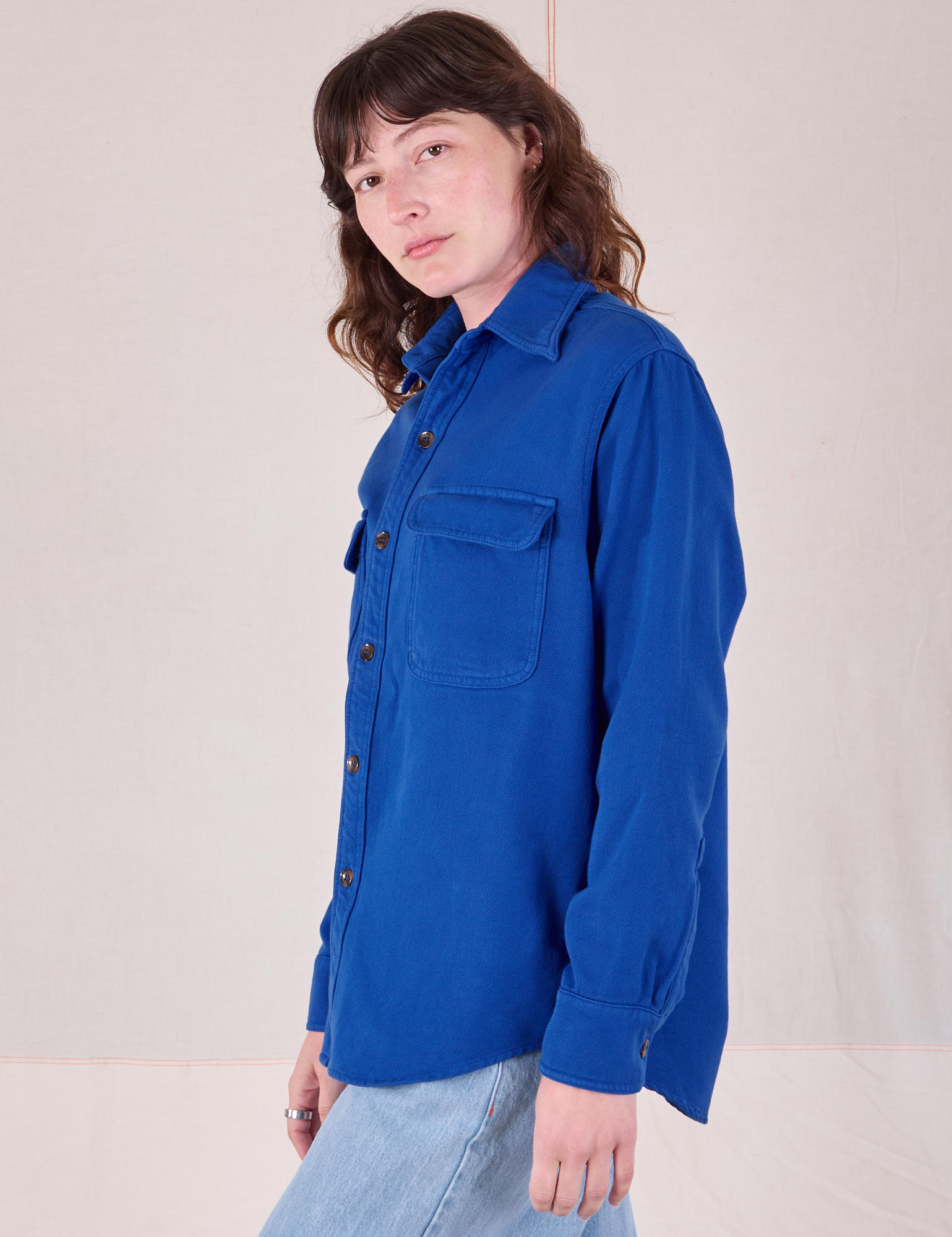 Flannel Overshirt in Royal Blue side view on Alex