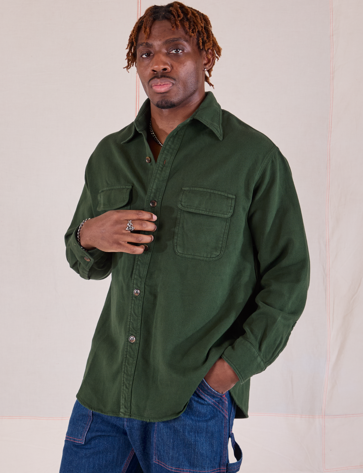 Flannel Overshirt in Swamp Green worn by Isaac