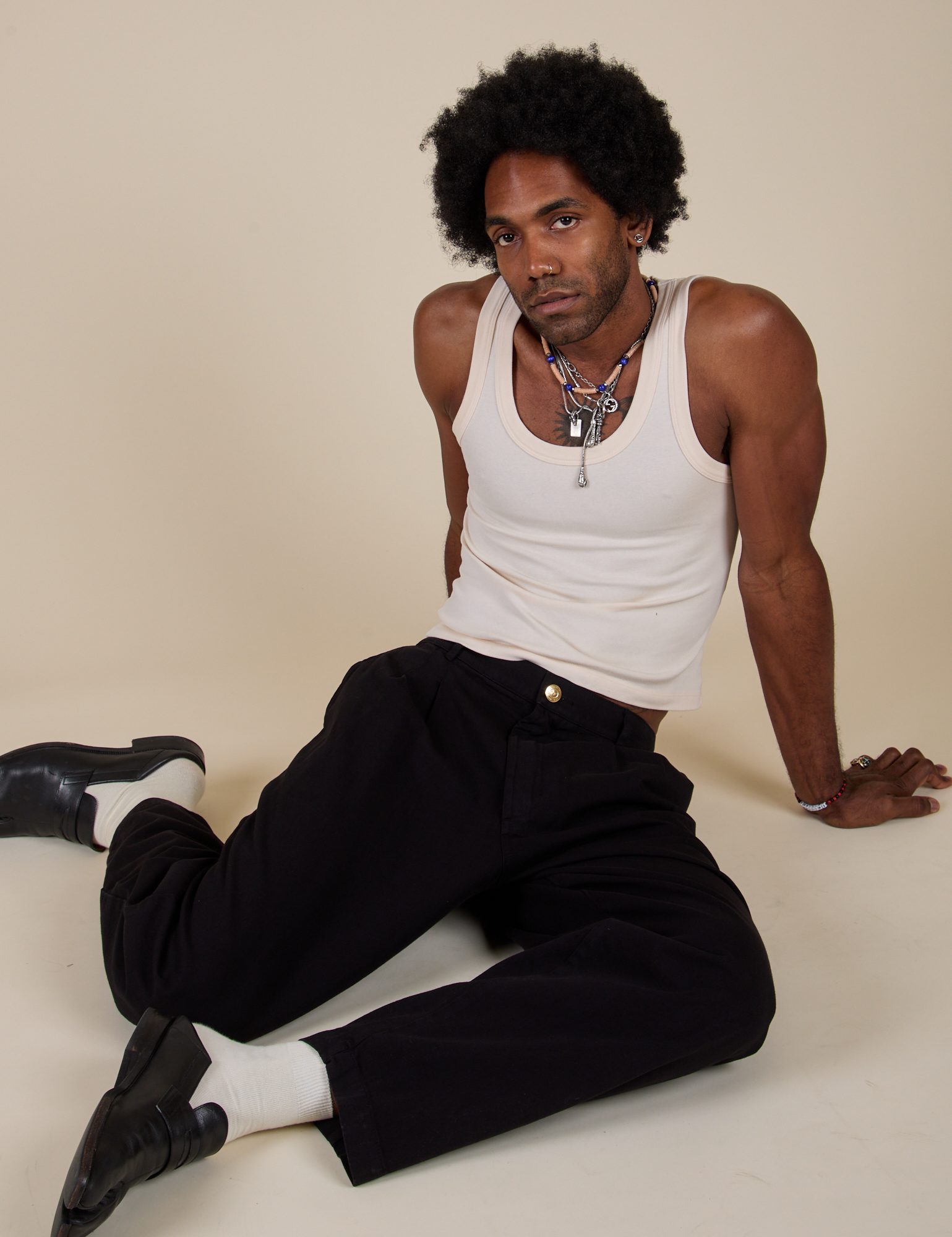 Heavyweight Trousers in Basic Black and Tank Top in vintage tee off-white worn by Jerrod