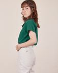 Side view of Pantry Button-Up in Hunter Green worn by Hana