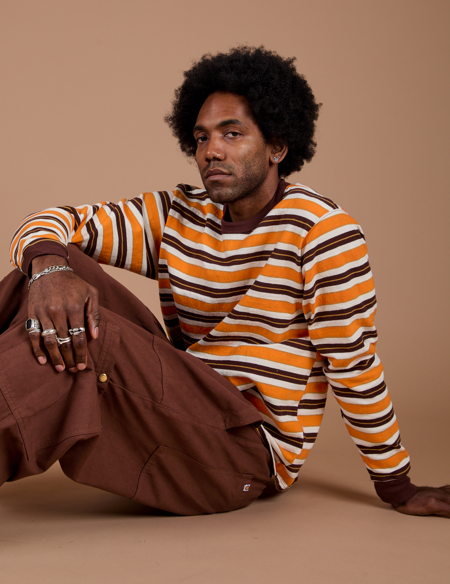 Long Sleeve Striped Burly Tee in Orange worn by Jerrod