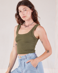 Square Neck Tank in Surplus Green angled front view on Alex