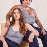 Sam and Allison are both wearing  Mesh Tank Top in Periwinkle and navy Western Pants