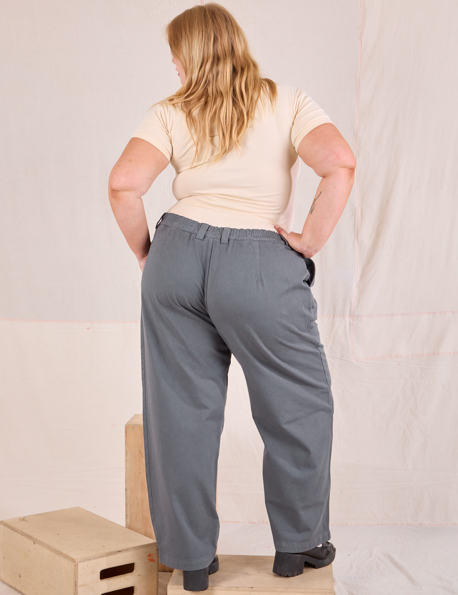 Back view of Mid-Rise Pleated Trousers in Slate Grey and Baby Tee in vintage tee off-white