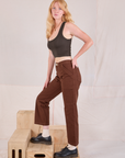 Side view of Mid-Rise Work Pants in Fudgesicle Brown and espresso brown Cropped Tank on Margaret