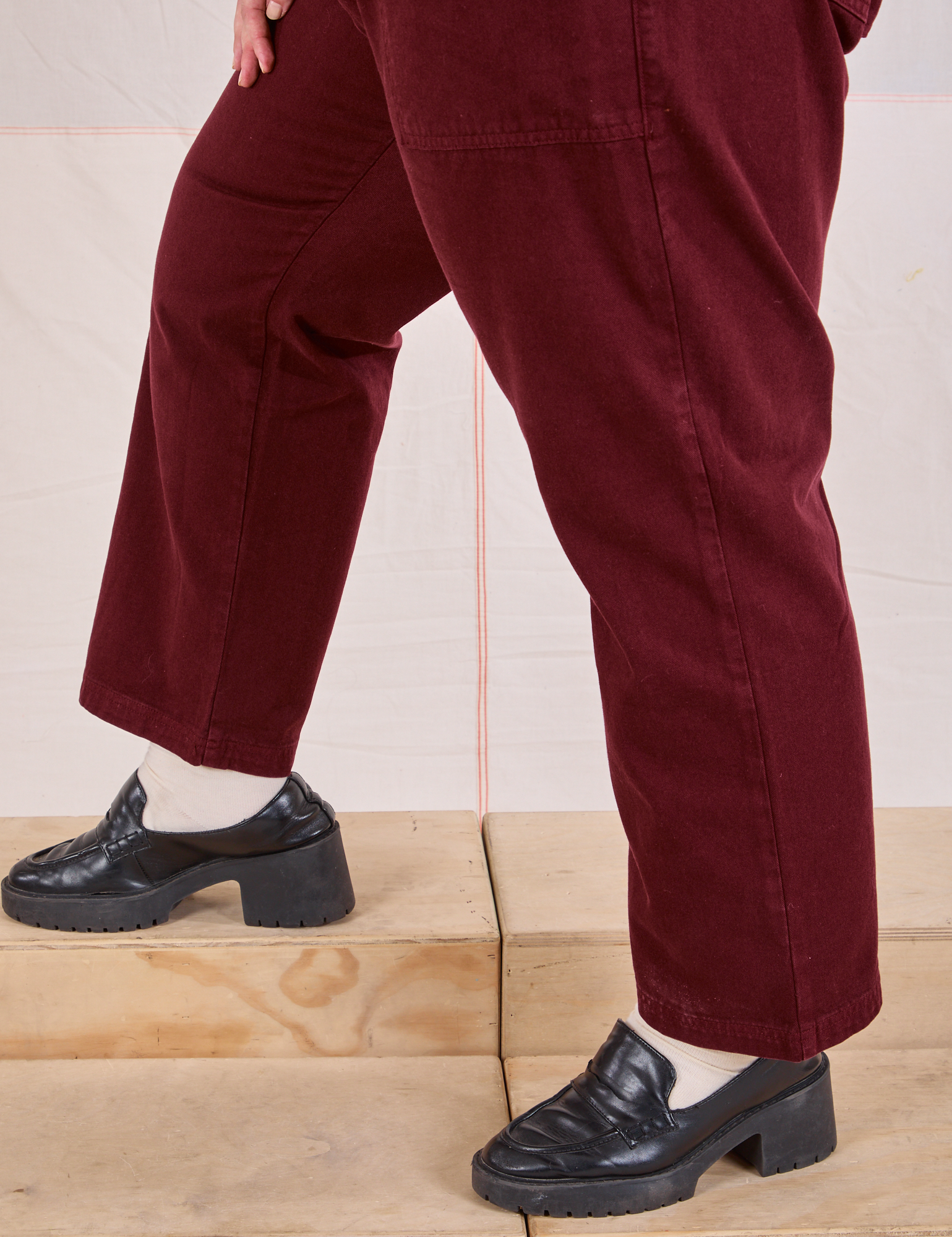 Mid-Rise Work Pants in Red Wine pant leg close up on Juliet