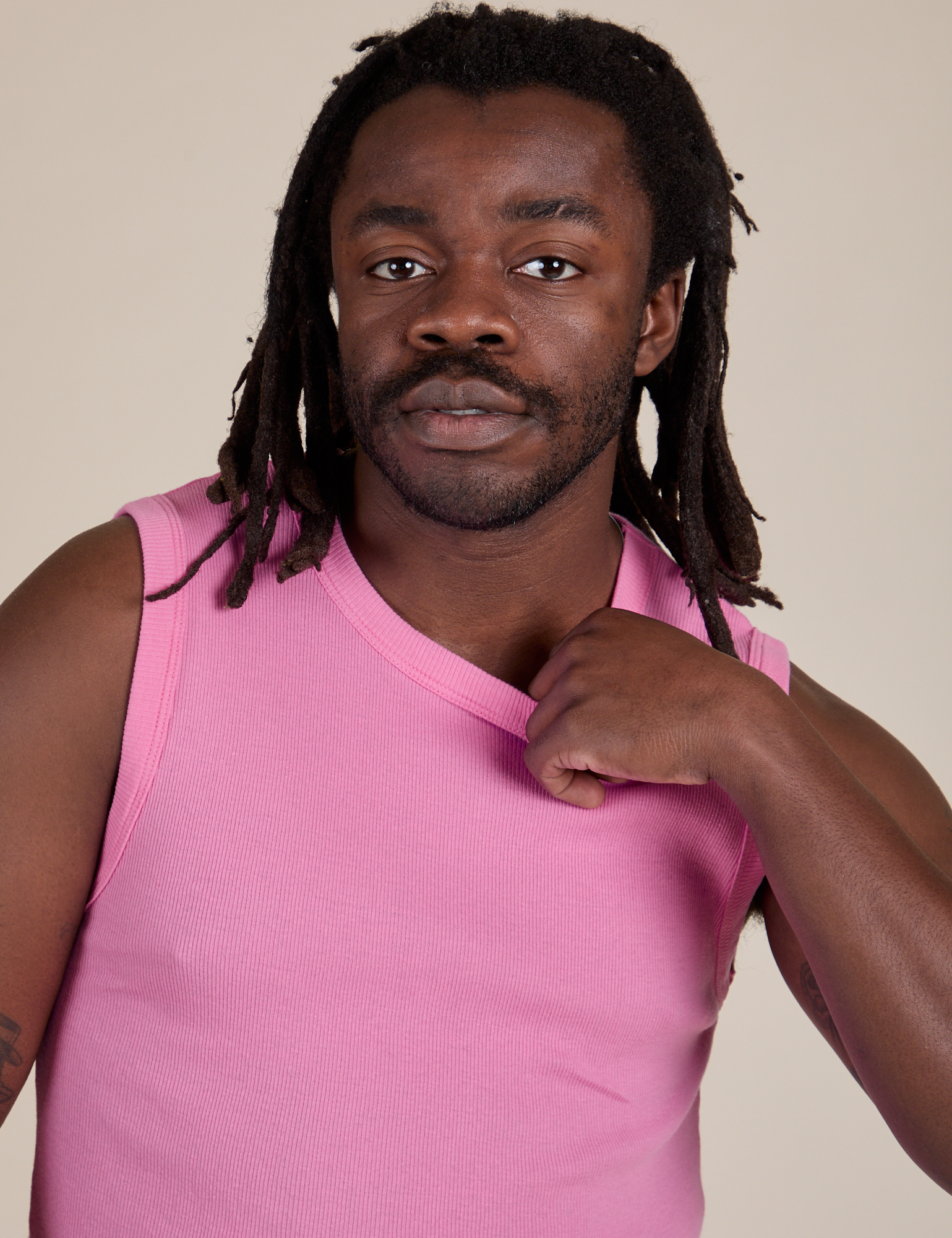 Muscle Tee in Bubblegum Pink close up on Demi