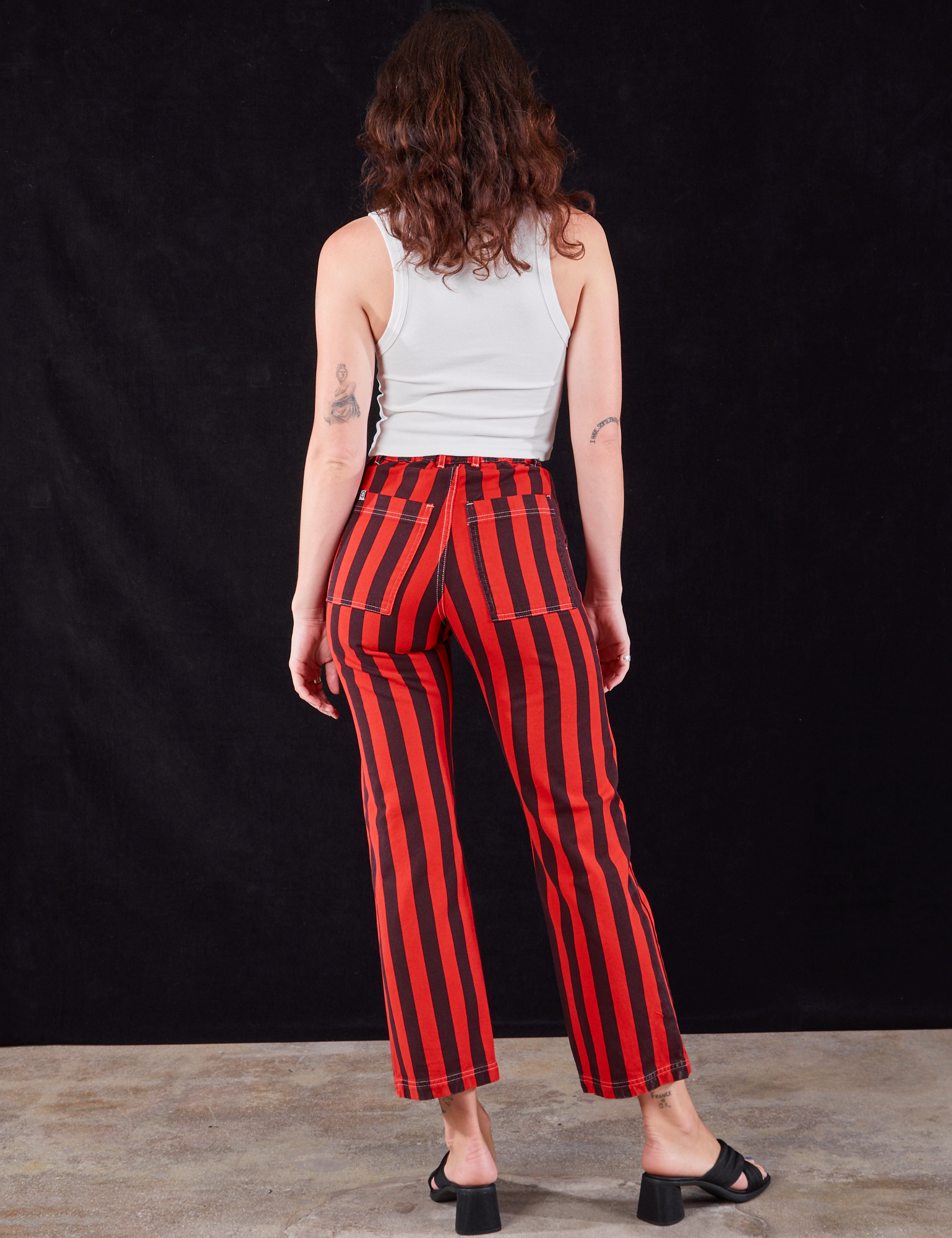 Black Stripe Work Pants in Mustang Red back view on Alex