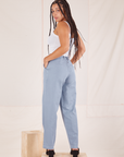 Back view of Organic Trousers in Periwinkle worn by Gabi