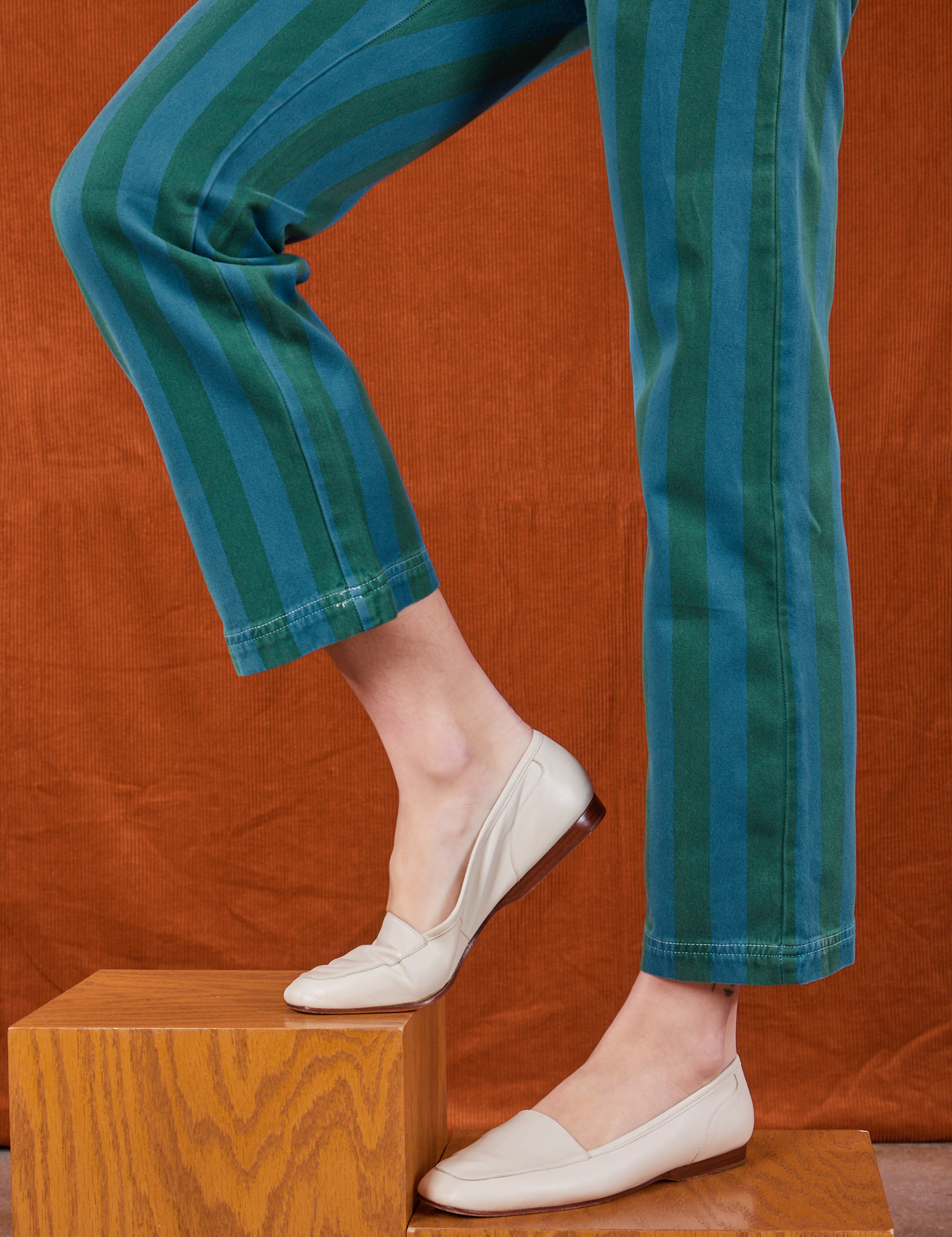 Overdye Stripe Work Pants in Blue/Green pant leg side view close up on Alex