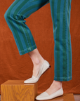 Overdye Stripe Work Pants in Blue/Green pant leg side view close up on Alex